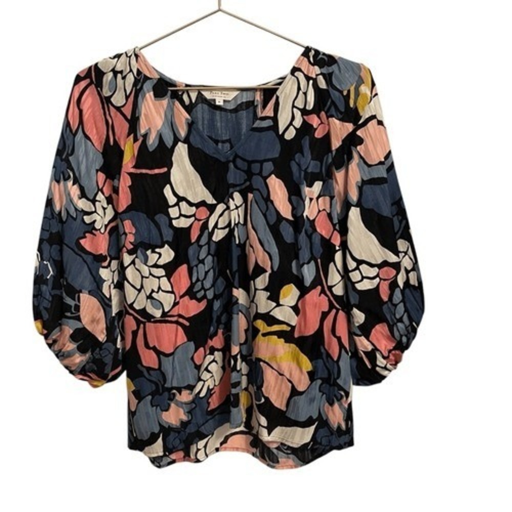 Part Two Temira Abstract Floral V-Neck Puff Sleeve Blouse Black Pink M
